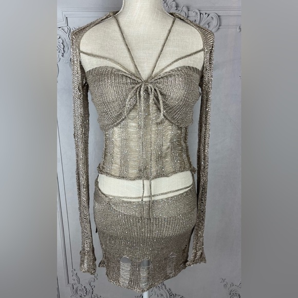 Polly Sequin Crochet Three Piece Skirt Sweater Dress Set - Picture 6 of 17